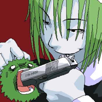 1girl female_focus gun gun_in_mouth handgun iya_maid lowres marimo open_mouth original pistol simple_background solo sweatdrop weapon