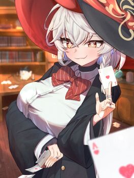1girl black_robe blue_archive blurry blurry_background bookshelf bow braid breasts card closed_mouth collared_shirt eri_(blue_archive) hat highres holding holding_card jewelry large_breasts light_blush long_hair looking_at_viewer orange_eyes red_bow ring robe shirt side_braid smile solo sparkling_eyes striped_bow striped_clothes tacos24185336 vertical-striped_bow vertical-striped_clothes very_long_hair white_hair white_shirt witch_hat
