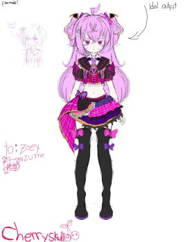 1girl 2025 ahoge arrow artist_name belly black_shoes bow character_name cherry cherryskull english_text food fruit highres idol indie_virtual_youtuber loli necktie pink_bow pink_eyes pink_hair puffed_sleeves purple_bow shoes skull solo standing twintails white_background zoey_izume