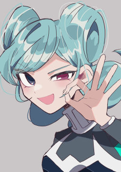 1girl aqua_hair beta_(inazuma_eleven) bodysuit breasts commentary double_bun grey_background grey_bodysuit hair_bun heterochromia highres inazuma_eleven_(series) inazuma_eleven_go inazuma_eleven_go_chrono_stone light_blush long_hair looking_at_viewer medium_breasts ok_sign protocol_omega purple_eyes seikawa1110 simple_background smile upper_body