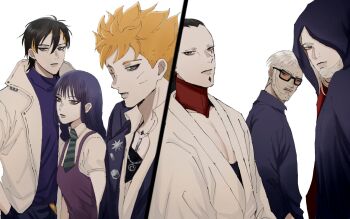 1girl 5boys beard black_cloak black_hair blonde_hair blue_eyes boruto:_naruto_next_generations boruto:_two_blue_vortex cloak coat diagonal-striped_clothes diagonal-striped_necktie dress earrings eyebrow_piercing face_piercing facial_hair facial_mark facial_tattoo green_necktie grey_eyes hand_in_pocket highres hood ifevilwhyuhot jewelry jigen_(naruto) kakei_sumire kashin_koji_(boruto) kawaki_(boruto) mature_male multicolored_hair multiple_boys naruto_(series) necklace necktie number_tattoo one_eye_closed one_eye_covered piercing purple_dress purple_eyes purple_hair sanzu_amado scar scar_across_eye scar_on_face striped_clothes stud_earrings sunglasses tattoo two-tone_hair undercut uzumaki_boruto whisker_markings white_coat