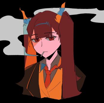 Rule 34 | 1girl, alyssa (project moon), ardor blossom star (e.g.o), bags under eyes, black background, black shirt, brown coat, cigarette, coat, collared shirt, e.g.o (project moon), fiery hair, formal clothes, hair between eyes, hair ornament, highres, inverted colors, ivan 4o4, jacket, lapels, limbus company, long hair, looking at viewer, necktie, notched lapels, open clothes, open coat, orange suit, partially shaded face, portrait, project moon, red eyes, red hair, red necktie, shirt, smoke, smoking, solo, suit, suit jacket, two side up