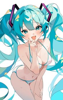 1girl aqua_eyes aqua_hair aqua_trim bikini breasts coco_irasuto cowboy_shot fang hair_ornament hand_on_own_thigh hashtag-only_commentary hatsune_miku leaning_forward long_hair looking_at_viewer midriff navel open_mouth skin_fang smile standing swimsuit twintails very_long_hair vocaloid white_bikini
