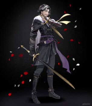 1boy absurdres beard belt black_background black_boots black_gloves black_hair black_jacket black_pants blue_eyes boots cape clair_obscur:_expedition_33 dual_wielding facial_hair falling_petals fingerless_gloves full_body gloves highres holding holding_sword holding_weapon jacket knee_boots looking_at_viewer male_focus multicolored_hair pants petals scar scar_on_face short_hair solo standing sword tk_(tksnim) twitter_username two-tone_hair verso_(clair_obscur:_expedition_33) weapon white_cape