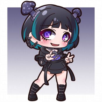 1girl :d absurdres black_boots black_hair black_hoodie black_nails blue_hair boots chibi commentary_request full_body grey_background highres hood hood_down hoodie indie_virtual_youtuber kinokoma_tango long_sleeves multicolored_hair mushroom_on_head nail_polish open_mouth puffy_long_sleeves puffy_sleeves purple_eyes saishosaisekojo smile solo standing streaked_hair two-tone_hair