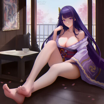 1girl alternate_costume artist_name bad_id bad_pixiv_id bare_legs bare_shoulders barefoot blue_pupils blunt_bangs breasts cherry_blossoms cleavage closed_mouth collarbone cup feet from_side genshin_impact hair_down hair_ornament head_tilt highres huge_breasts indoors japanese_clothes kimono long_hair looking_at_viewer looking_to_the_side mitsudomoe_(shape) mole mole_under_eye on_floor petals picture_frame pink_petals purple_eyes purple_hair purple_kimono raiden_shogun red_sash rukunikun sash shade sitting solo table thighs tomoe_(symbol) tree