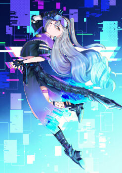 1girl absurdres arm_ribbon back bare_shoulders boots commentary_request crossed_bangs drill_hair drill_ponytail eyewear_on_head fingerless_gloves fishnet_socks fishnets from_behind full_body gloves goggles goggles_on_head grey_eyes grey_hair hair_between_eyes head_back high_heel_boots high_heels highres holding holding_goggles honkai:_star_rail honkai_(series) jacket long_hair mechanical_gloves mechanical_tail misaki_emiru one_eye_closed open_clothes ponytail ribbon short_sleeves shorts silver_wolf_(honkai:_star_rail) silver_wolf_(lv.999)_(honkai:_star_rail) single_fingerless_glove single_mechanical_glove socks solo tail thigh_strap very_long_hair