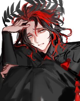 1boy black_hair crown curly_hair dante_alighieri_(fate) dante_alighieri_(third_ascension)_(fate) fahsan_(fah09838) fate/grand_order fate_(series) floating_crown grey_eyes hand_on_own_face highres knees_up laurel_crown long_sleeves male_focus medium_hair multicolored_hair red_hair robe simple_background solo two-tone_hair white_background worried