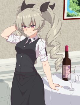 1girl absurdres ada_badguy anchovy_(girls_und_panzer) arm_support black_necktie blush bottle breasts closed_mouth commentary_request cup drill_hair drinking_glass girls_und_panzer green_hair hair_ribbon highres indoors long_hair looking_at_viewer medium_breasts necktie red_eyes ribbon smile solo twin_drills twintails waitress wine_bottle wine_glass