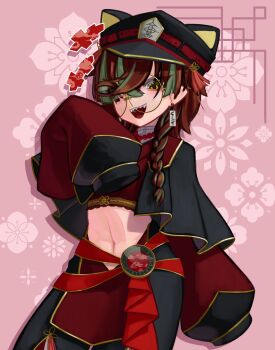 Rule 34 | 1girl, :d, absurdres, black shirt, black skirt, braid, brown hair, capelet, character request, check gender, commentary request, commission, copyright request, cowboy shot, cropped shirt, eyelashes, fangs, floral background, gender request, gold trim, green hair, highres, midriff, multicolored hair, navel, open mouth, pink background, red capelet, red shirt, red skirt, round eyewear, sharp teeth, shirt, skeb commission, skirt, sleeves past fingers, sleeves past wrists, smile, solo, teeth, tongue, two-tone capelet, two-tone hair, two-tone shirt, two-tone skirt, upper teeth only, v-shaped eyebrows, virtual youtuber, yellow-framed eyewear, yellow eyes, zakozako y