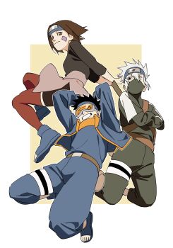 Rule 34 | 1girl, 2boys, absurdres, arms behind head, bandaid, bandaid on cheek, bandaid on face, black hair, black pants, black shirt, black shorts, blue headband, blue jacket, blue pants, blue shoes, border, breasts, brown eyes, crossed arms, full body, goggles, grey hair, grin, hair between eyes, hatake kakashi, headband, highres, jacket, konohagakure symbol, medium breasts, multiple boys, naruto (series), naruto shippuuden, nohara rin, open-toe shoes, pants, parted bangs, pnpk 1013, red thighhighs, shirt, shoes, short hair, shorts, smile, spiked hair, thighhighs, uchiha obito, white border, yellow background