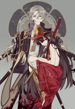1boy 1girl armor black_hair blood blood_on_clothes blood_on_face brown_hair carrying clothed_male_nude_female crest crossover empty_eyes family_crest fate_(series) gloves hat heshikiri_hasebe instocklee japanese_armor katana koha-ace nude oda_nobunaga_(fate) oda_nobunaga_(koha-ace) oda_uri purple_eyes red_eyes shako_cap sheath sheathed shoulder_armor smile sode sword touken_ranbu weapon white_gloves