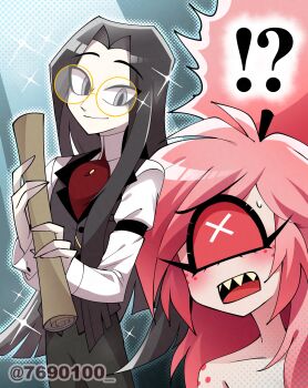 Rule 34 | !?, 1boy, 1girl, androgynous, bare shoulders, black hair, black pants, black vest, blue background, blue outline, blunt ends, blush, body freckles, buttons, cherri bomb, closed mouth, collared shirt, colored sclera, colored teeth, commentary request, cowboy shot, curtained hair, cyclops, eyes visible through hair, fewer digits, freckles, glasses, grey eyes, hair over shoulder, hair tie, halftone, halftone outline, hazbin hotel, hellaverse, high ponytail, highres, holding, holding scroll, long hair, long sidelocks, long sleeves, menattou, one-eyed, open mouth, outline, pale skin, pants, pink hair, ponytail, portrait, raised eyebrows, red sclera, round eyewear, scroll, sharp teeth, shirt, shoulder freckles, sidelocks, simple background, sir pentious, sir pentious (human), smile, sparkle, standing, straight hair, sweatdrop, swept bangs, teeth, tongue, twitter username, upper teeth only, very long hair, vest, white eyes, white outline, white shirt, yellow-framed eyewear, yellow teeth