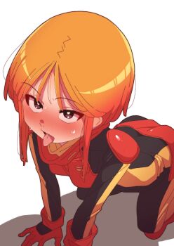1girl absurdres all_fours black_bodysuit blush bodysuit breasts bright_pupils commentary_request full_body gloves gundam gundam_zz highres long_sidelocks looking_at_viewer mecha_pilot_suit multicolored_bodysuit neo_zeon normal_suit_(gundam) onimaru_(onimal7802) open_mouth orange_hair purple_eyes puru_two red_bodysuit red_gloves short_hair sidelocks small_breasts solo sweat tongue tongue_out two-tone_bodysuit white_pupils