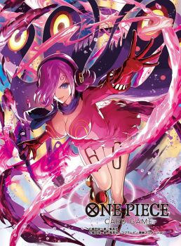 1girl blue_eyes blue_neckerchief boots closed_mouth commentary_request copyright_name curly_eyebrows dress eyelashes gloves hair_over_one_eye headphones leg_tattoo moreshan neckerchief official_art one_piece one_piece_card_game outstretched_arms pink_dress plunging_neckline short_dress smile solo tattoo vinsmoke_reiju