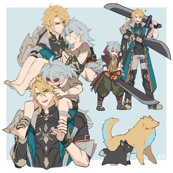 2boys animalization aqua_coat barefoot biting black_boots black_shirt blonde_hair blue_background blue_eyes boots border brown_boots brown_hood brown_shirt carrying carrying_person closed_eyes closed_mouth coat collared_coat commentary cross_scar dog dual_wielding english_commentary facial_scar genshin_impact greatsword green_pants grey_hair hair_between_eyes head_biting holding holding_sword holding_weapon long_hair looking_at_another male_focus multiple_boys multiple_views open_mouth outside_border over_shoulder pants person_and_animalization razor_(genshin_impact) red_eyes scar scar_on_arm scar_on_cheek scar_on_face shirt short_hair shoulder_carry signature simple_background sword teacher_and_student teeth tooaya upper_teeth_only varka_(genshin_impact) waster_greatsword_(genshin_impact) weapon weapon_over_shoulder white_border