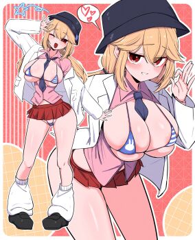 1girl :d between_breasts bikini blonde_hair boonie_hat breasts character_request cleavage commentary copyright_request gyaru handjob_gesture highres kogal large_breasts long_hair low_twintails micro_bikini miniskirt necktie necktie_between_breasts oha_(oha_h22) open_clothes open_mouth red_eyes skirt smile swimsuit twintails