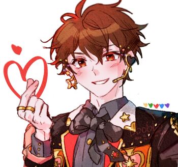 1boy bbobbo_es black_bow bow brown_hair clenched_teeth collared_shirt commentary ensemble_stars! finger_heart hand_up headset heart jewelry long_sleeves looking_at_viewer male_focus morisawa_chiaki red_eyes ring shirt short_hair simple_background smile solo star_(symbol) symbol-only_commentary teeth upper_body white_background