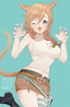 1girl :3 absurdres animal_ears bandage_on_face bandages black_boots blue_eyes blue_nails boots breasts brown_hair brown_skirt cat_ears cat_girl cat_tail commentary_request f14kcal fang final_fantasy final_fantasy_xiv highres long_hair miqo&#039;te nail_polish navel open_mouth shirt sideboob skin_fang skirt sleeveless sleeveless_shirt tail warrior_of_light_(ff14) white_shirt