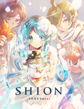 1girl 2boys ahoge ball bare_shoulders basketball_(object) bemani blue_eyes brown_hair character_name dress holding holding_leaf leaf maple_leaf multiple_boys mzd parted_lips pechka pop&#039;n_music purple_eyes scarf shion_(pop&#039;n_music) smile snowman sota_fujimori white_dress white_scarf yoshitaka_nishimura