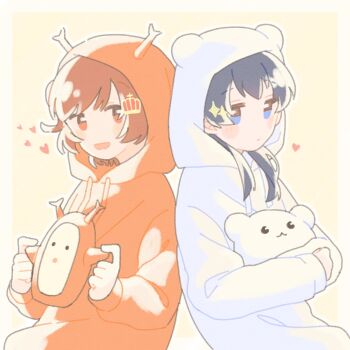 2girls :d :| aijou_karen animal_ear_hood animal_hood bear_hood black_hair blue_eyes blush_stickers border brown_hair closed_mouth commentary_request crab_hood crown_hair_ornament drawstring fake_animal_ears hair_ornament heart highres hirake_goma holding holding_stuffed_toy hood hoodie hugging_doll hugging_object jitome kagura_hikari kanihaniwa leaning_back leaning_on_person long_hair long_sleeves looking_at_another looking_to_the_side mr._white_(revue_starlight) multiple_girls no_nose no_sclera open_mouth orange_hoodie outside_border parted_bangs red_eyes short_hair shoujo_kageki_revue_starlight side-by-side sideways_glance simple_background smile sparkle_hair_ornament stuffed_animal stuffed_crab stuffed_toy teddy_bear upper_body white_border white_hoodie yellow_background yuri