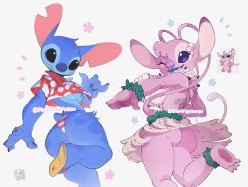 2023 2girls alien angel_(lilo_&amp;_stitch) artist_name ass bakuatsukiyu barefoot bikini black_eyes blue_claws blue_fur blue_nose blue_tongue bracelet breasts chest_tuft claws colored_tongue crop_top curvy dancing disney eyelashes fang fangs female_focus flip-flops flower flower_on_head from_behind furry furry_female genderswap genderswap_(mtf) gesture grass_skirt happy_aura hawaiian_shirt huge_ass humanization jewelry leaf_bracelet leaf_skirt lilo_&amp;_stitch lilo_and_stitch looking_at_viewer looking_back markings multiple_girls notched_ear one_eye_closed open_mouth panties personification pink_fur plant purple_eyes purple_nose reference_inset sandals shaka_sign shirt shoes short_tail simple_background skirt small_tail smile soles stitch! stitch_(lilo_&amp;_stitch) stitch_(lilo_and_stitch) stitch_(stitch!) swimsuit tail teeth thick_thighs thighs toes tongue underboob underwear white_background wide_hips wink