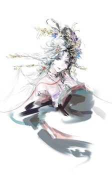 Rule 34 | 1girl, absurdres, bare shoulders, black choker, black hair, black robe, bow, chinese clothes, chinese commentary, chinese hairpin, choker, closed mouth, collarbone, commentary request, cropped torso, detached sleeves, dress, expressionless, eyelashes, gold necklace, hair bow, hair flowing over, hair ornament, hair rings, half updo, highres, infinity nikki, jewelry, jintianshigehaotianqine, lipstick, long hair, long sleeves, looking at viewer, makeup, multicolored hair, multiple hair bows, necklace, nikki (series), purple dress, purple eyes, purple lips, robe, simple background, sleeves past wrists, solo, split-color hair, strapless, strapless dress, string, string around finger, string of fate, two-tone hair, very long hair, where wanxiang weaves life (infinity nikki), white background, white hair, wide sleeves