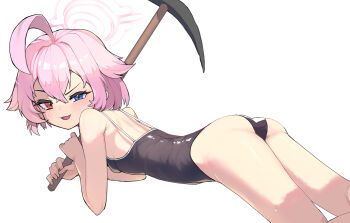 1girl ahoge ass bare_arms bare_legs bare_shoulders black_one-piece_swimsuit blue_archive blue_eyes garib_(gari_gari_1) hair_between_eyes halo highres holding holding_pickaxe hoshino_(blue_archive) hoshino_(first_year)_(blue_archive) hoshino_(young)_(blue_archive) looking_at_viewer one-piece_swimsuit open_mouth pickaxe pink_hair pink_halo school_swimsuit short_hair simple_background solo swimsuit white_background yellow_eyes