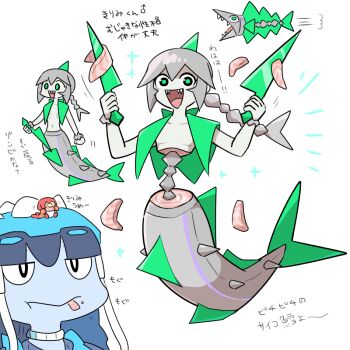 1girl 2boys alternate_color braid cartoon_bone commentary creature_and_personification dondozo exposed_bone green_eyes grey_hair holding holding_knife kasugai_(de-tteiu) knife merman mini_person miniboy monster_boy multiple_boys nintendo personification pokemon shiny_pokemon single_braid sparkle sparkling_aura tatsugiri tatsugiri_(curly) translated veluza