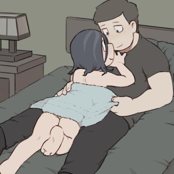 1boy 1other angel_martinez ass_peek barefoot bed blush brown_hair clinical_trial_(game) clothed_male_nude_female couple feet highres homunculus100 jitome lee_smith loli medium_hair naked_towel nude pale_skin pants shirt short_hair smile soles t-shirt toes toon_(style) towel