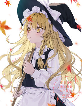 1girl apron artist_name black_hat black_skirt black_vest blonde_hair blush bow collared_shirt commentary ctd_114 frilled_apron frills hair_bow hat hat_bow highres kirisame_marisa long_hair long_sleeves parted_lips shirt simple_background skirt skirt_set solo touhou upper_body vest waist_apron watermark white_apron white_background white_bow white_shirt witch_hat yellow_eyes