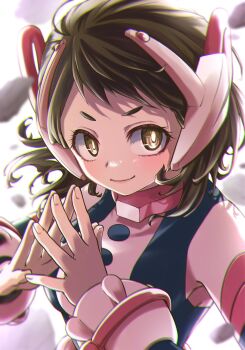 blush_stickers bodysuit boku_no_hero_academia breasts brown_eyes brown_hair hand_up headgear highres large_breasts lips looking_at_another looking_at_viewer own_hands_clasped own_hands_together sachi7723 superhero_costume uraraka_ochako white_background