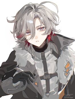 Rule 34 | 1boy, absurdres, black gloves, coat, commentary request, fur trim, genshin impact, gloves, highres, illuga (genshin impact), jacket, long sleeves, looking at viewer, messy hair, multicolored eyes, multicolored hair, shuukenyuu, solo, solo focus, teeth, watermark, white background