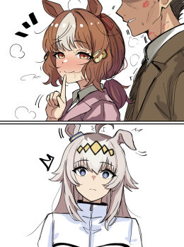 Rule 34 | animal ears, belno light (umamusume), blue eyes, blush, brown eyes, brown hair, faceless, faceless male, hair in own mouth, hickey, hickeys on neck, horse ears, horse girl, kitahara jou, messy hair, mini2chainz, multicolored hair, netorare, oguri cap (umamusume), steaming body, surprised, umamusume, umamusume: cinderella gray, white hair