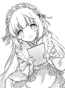 1girl apron blush greyscale highres idolmaster idolmaster_cinderella_girls japanese_clothes jia_wenyuan kimono long_hair looking_at_viewer maid monochrome open_mouth sketch smile solo very_long_hair wa_maid yorita_yoshino