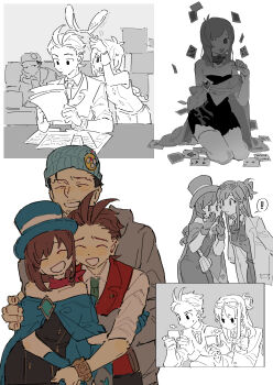 ! 2boys 2girls ^_^ absurdres ace_(playing_card) ace_attorney ace_of_spades alternate_costume animal_ear_hairband animal_ears antenna_hair apollo_justice apollo_justice:_ace_attorney arms_on_table asymmetrical_bangs bag bare_shoulders beanie beard_stubble black_dress black_hair black_pants blue_cape blue_gloves blue_hat blush bow bowtie box_stack bracelet brown_hair buttons cape card chinese_commentary closed_eyes closed_mouth collared_shirt collared_vest commentary_request couch dot_nose double-breasted dress earrings ema_skye eyewear_on_head facial_hair fake_animal_ears father_and_daughter fingernails floating_card forehead furrowed_brow gloves green_necktie grey_hoodie grin hairband half_updo hand_on_another's_arm hand_on_own_cheek hand_on_own_face handheld_game_console happy hat highres holding holding_another's_arm holding_hairband holding_handheld_game_console holding_paper hood hood_down hoodie hug hug_from_behind indoors jewelry jitome lab_coat lapel_pin lapels leaning_forward light_frown multiple_boys multiple_girls multiple_views necktie notched_lapels off_shoulder on_couch pants paper paper_stack partially_colored phoenix_wright playing_card playing_games playing_video_games pleated_skirt pocket ponytail puff_of_air rabbit_ear_hairband rabbit_ears red_scarf red_vest scarf shirt short_hair short_ponytail shoulder_bag sitting skirt smile soko spade_(shape) spoken_exclamation_mark strapless strapless_dress stubble sunglasses sweatdrop thighhighs three-quarter_sleeves top_hat trucy_wright vest whispering white_background white_shirt