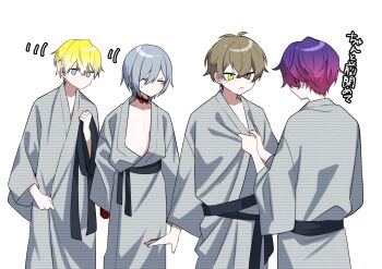 4boys :&lt; alban_knox bath_yukata belt blonde_hair brown_hair closed_eyes commentary_request cowboy_shot dressing_another facial_tattoo fulgur_ovid gradient_hair grey_eyes grey_hair grey_kimono helping heterochromia holding holding_unworn_clothes japanese_clothes kimono male_focus motion_lines multicolored_hair multiple_boys nana72710193 nijisanji nijisanji_en noctyx pink_hair purple_hair short_hair simple_background sonny_brisko tattoo uki_violeta virtual_youtuber white_background yellow_eyes yukata