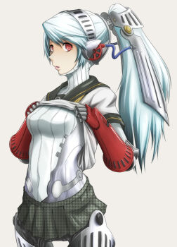 Rule 34 | 1girl, android, ao usagi, atlus, blue hair, breasts, clothes lift, female focus, grey background, headgear, houndstooth, joints, labrys (persona), long hair, megami tensei, miniskirt, no nipples, persona, persona 4, persona 4: the ultimate in mayonaka arena, pleated skirt, ponytail, red eyes, ringed eyes, robot joints, school uniform, serafuku, shin megami tensei, shirt lift, simple background, skirt, solo