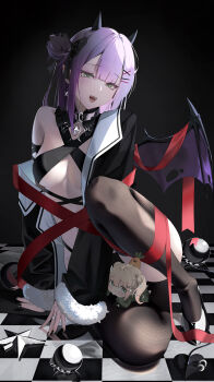 Rule 34 | 2girls, absurdres, bikini, black bikini, black collar, black jacket, black shoes, black thighhighs, center-flap bangs, checkered floor, chibi, collar, commentary request, criss-cross halter, demon girl, demon tail, demon wings, double-parted bangs, earrings, fangs, fur-trimmed jacket, fur trim, gradient hair, green eyes, hair bun, hair ornament, hairclip, halterneck, high heels, highres, hololive, horns, jacket, jewelry, long hair, looking at viewer, momosuzu nene, momosuzu nene (casual), multicolored hair, multiple girls, on floor, open mouth, parallel hairclips, pink hair, pointy ears, purple hair, ring, shoes, side up bun, sidelocks, single hair bun, single off shoulder, sitting, swimsuit, tail, tanishi (hetianming11093), thighhighs, tokoyami towa, virtual youtuber, wings, x hair ornament