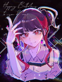 Rule 34 | 1girl, arm up, aspire (love live!), black hair, closed mouth, collared shirt, commentary request, dated, fingernails, hair bun, happy birthday, highres, looking at viewer, love live!, love live! superstar!!, moben, multicolored hair, real life, red eyes, red hair, shirt, short hair with long locks, single hair bun, solo, two-tone hair, upper body, voice actor, yabushima akane