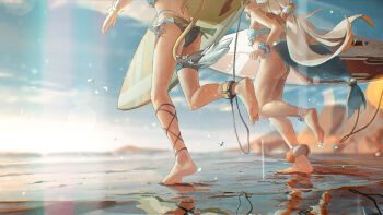 2girls absurdres ass barefoot beach bikini blonde_hair blue_bikini blue_scrunchie blue_sky blurry blurry_background bubble cloud commentary_request day dooby dooby_(summer) feet fins fish_girl fish_tail floating_hair hair_ornament highres indie_virtual_youtuber jerboa_tail kokono_ka long_hair lower_body multiple_girls ocean outdoors running sameko_saba scrunchie shore sky soles striped_bikini striped_clothes surfboard swimsuit tail toes very_long_hair virtual_youtuber water wrist_scrunchie