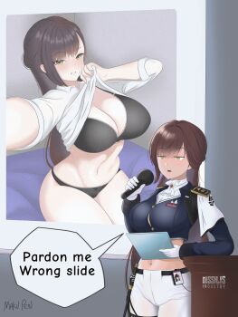 1girl absurdres ascot bad_tag belt black_belt black_bra black_jacket black_panties blush bra breasts brown_eyes brown_hair button_gap cleavage clothes_lift commentary cowboy_shot crop_top cropped_jacket english_commentary english_text epaulettes gloves goddess_of_victory:_nikke grin groin hair_between_eyes highres holding holding_microphone holding_tablet_pc id_card jacket large_breasts lifting_own_clothes long_hair long_sleeves looking_at_viewer maku_pen marciana_(nikke) meme microphone midriff military_jacket name_tag navel navel_piercing open_mouth outstretched_arm panties pants piercing presentation_gone_wrong_(meme) riding_crop selfie shirt shirt_lift sidelocks signature sitting smile speech_bubble standing tablet_pc teeth thigh_strap tight_clothes tight_pants underwear white_ascot white_gloves white_pants white_shirt