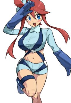 1girl :d arm_up blue_boots blue_eyes blue_gloves blue_jacket blue_shorts blush_stickers boots commentary cropped_jacket gloves hair_between_eyes hair_ornament happy jacket knees leg_up navel nintendo one_side_up open_mouth pokemon pokemon_black_and_white pouch red_hair short_shorts shorts sidelocks simple_background skyla_(pokemon) smile solo takundraws teeth thigh_pouch upper_teeth_only white_background
