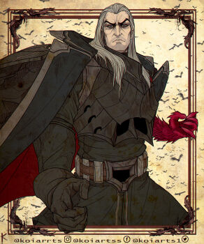 1boy animal armor artist_name belt bird black_jacket breastplate brown_gloves cape closed_mouth colored_skin cowboy_shot crow frown gloves gradient_background grey_hair highres jacket koiarts league_of_legends long_hair looking_at_viewer male_focus red_cape red_skin serious solo swain_(league_of_legends) two-tone_cape v-shaped_eyebrows