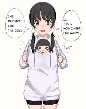 >_< 1girl aiu404l artist_self-insert black_hair character_doll closed_eyes closed_mouth cowboy_shot doll egg_(aiu404l) egg_hair_ornament english_text facing_viewer food-themed_hair_ornament grey_eyes hair_ornament hands_up highres holding_strap hood hood_down hoodie long_sleeves looking_at_viewer low_twintails oekaki open_mouth original short_twintails simple_background smile speech_bubble standing straight-on twintails white_background white_hoodie