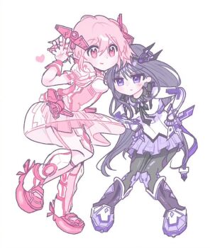 2girls akemi_homura akemi_homura_(magical_girl) black_hair blush breasts cyber_fashion dress full_body heart highres jitome kaname_madoka kaname_madoka_(magical_girl) kerimka31328031 long_hair looking_at_viewer magical_girl mahou_shoujo_madoka_magica mahou_shoujo_madoka_magica_(anime) mecha_musume mechabare mechanization multiple_girls pink_eyes pink_hair purple_eyes ribbon short_hair simple_background skirt smile twintails waving white_background