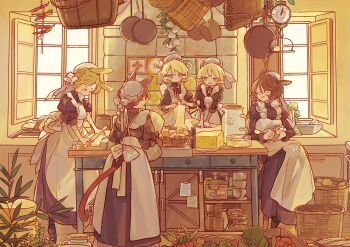5girls animal_ear_piercing animal_ears apron basket bell_pepper black_hair blonde_hair blue_eyes bow braid cabinet carrot cat_ears cat_tail cheese cooking cup dough dress egg food frying_pan garlic goat_ears goat_horns hair_bow highres horns indoors juliet_sleeves kitchen kitchen_scale kurasaka light_particles long_sleeves maid maid_apron multiple_girls original pitcher_(container) potato puffy_short_sleeves puffy_sleeves rabbit_ears radish rolling_pin short_sleeves siblings sitting standing tail tomato twins weighing_scale window