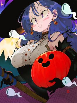 1girl andrewcockroach belt blouse blue_eyes blue_hair broom broom_riding earrings elbow_gloves fishnet_pantyhose fishnets full_moon ghost gloves halloween hat highres jack-o&#039;-lantern jewelry leotard moon original pantyhose pumpkin ribbon shirt skull_earrings sleeveless sleeveless_shirt smile tree witch witch_hat