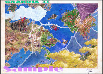 aizaki_katsumi bird boat cloud copyright_name fish grandia grandia_ii map map_(object) monster mountain no_humans ocean official_art spiral swirl tornado town tree village watercraft world_map