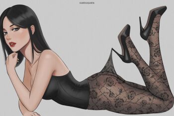 artist_name bare_arms bare_shoulders black_hair black_shirt black_shoes breasts cleavage facial_scar full_body grey_background grey_eyes high_heels highres karikasarin lace lace_pantyhose lace_pantyhose_hooked_on_heel_(meme) long_hair looking_at_viewer lying medium_breasts meme mikasa_ackerman on_stomach pantyhose parted_bangs parted_lips red_lips scar scar_on_cheek scar_on_face shingeki_no_kyojin shirt shoes